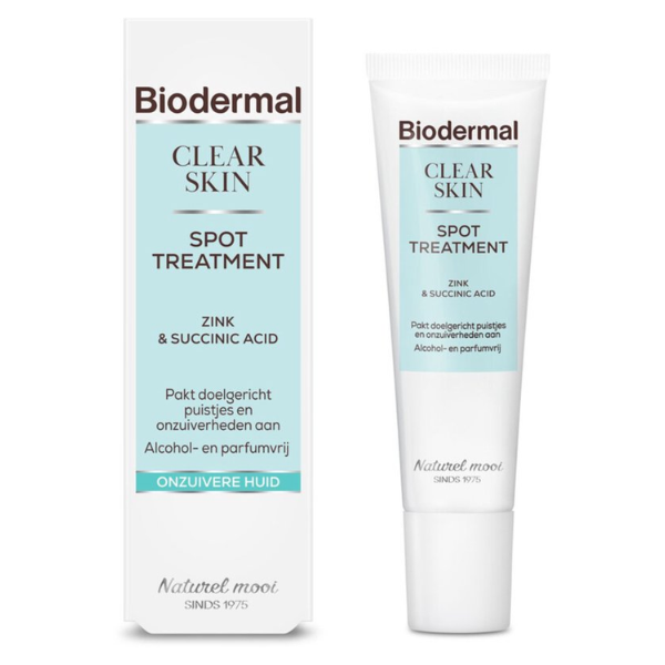 Biodermal Clear Skin Spot Treatment, 30 ml - met Zink en Succinic Acid, Pakt doelgericht puistjes en onzuiverheden aan, Alcohol- en Parfumvrij, voor Onzuivere huid