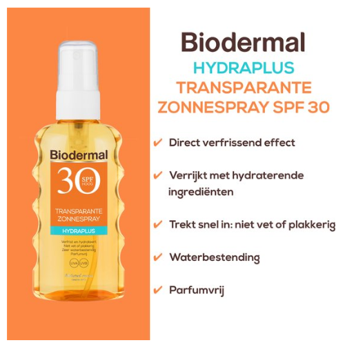 Biodermal zonnebrand - Hydraplus - Transparante zonnebrand spray SPF30 - 175ml
