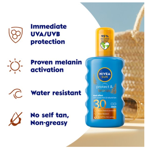 NIVEA SUN Protect & Bronze Zonnebrand Spray - SPF 30 - Zonnespray - Waterproof - Beschermt en stimuleert een bruine huid - Met pro-melanine extract - 200 ml