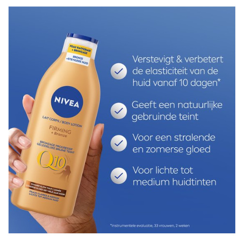 NIVEA Q10 Firming + Bronze Bodylotion Bruiner - Stevigere Huid en Natuurlijk Gebruinde Look - Hydraterende Lotion - Snelbruiner - Bruinen zonder Zon - Zelfbruiner Lichaam - 400 ml