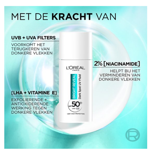 L'Oréal Bright Reveal Dark Spot UV Fluid Moisturizer with SPF50+ - for a more radiant complexion - Reduces and Corrects Pigment Spots - 50 ml