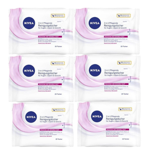 NIVEA 3-in1 Verfrissende Reinigingsdoekjes - Make-up Remover Doekjes - Droge huid - Amandelolie - Gezichtsreiniger - 6 x 25 stuks