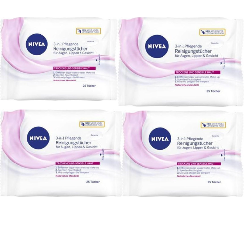 NIVEA 3-in1 Verfrissende Reinigingsdoekjes - Make-up Remover Doekjes - Droge huid - Amandelolie - Gezichtsreiniger -4 x 25 stuks