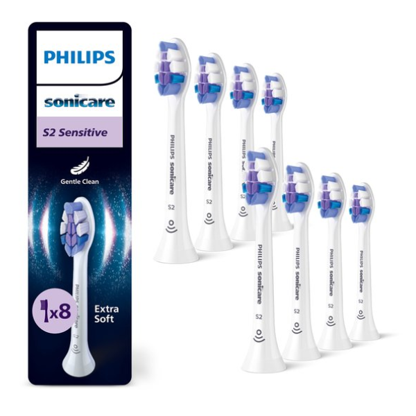 Philips Sonicare Optimal Sensitive S2 – Opzetborstels voor Elektrische Tandenborstel – Wit – Verpakking van 8 - Gevoelige tanden - HX6058/87