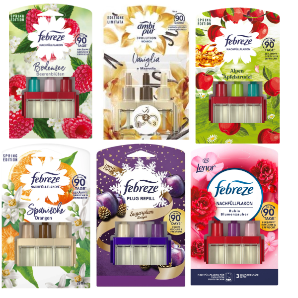 Ambi Pur / Febreze 3Volution - Bodengee beerenbluten - Vanille & magnolie -Alpen Apfelstrudel - Rubin Blumenzauber -Spanische Orangen -Sugarplum - voordeelverpakking 6x 20ml