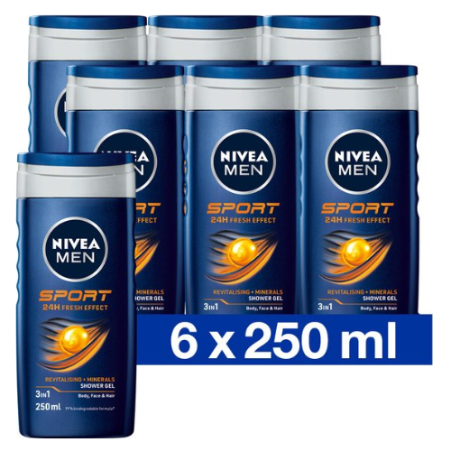 NIVEA MEN Sport Douchegel - 3-in-1 Shower Gel Met Limoengeur - Shampoo - Voordeelverpakking - 6 x 250 ml