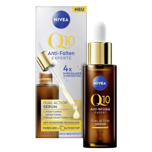 NIVEA Anti-Age Serum with Q10 Reduces Wrinkles and Prevents Their Formation Firming Face Serum with Glycostop Q10 Anti-Wrinkle Expert Dual Action Serum 30ml