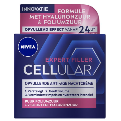 NIVEA CELLular Expert Filler Anti-Age Nachtcrème - Alle Huidtypes - Crème met Hyaluronzuur en Foliumzuur - Hydraterend en Anti-Rimpel Effect - 50 ml