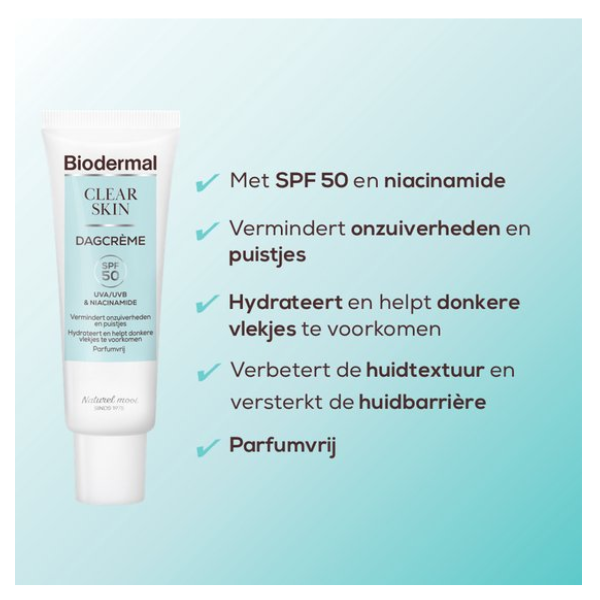Biodermal Clear Skin Dagcreme SPF 50, 30 ml - met UVA/UVB en Niacinamide, Vermindert onzuiverheden en puistjes, Hydrateert en helpt donkere vlekjes te voorkomen, Parfumvrij, voor Onzuivere huid