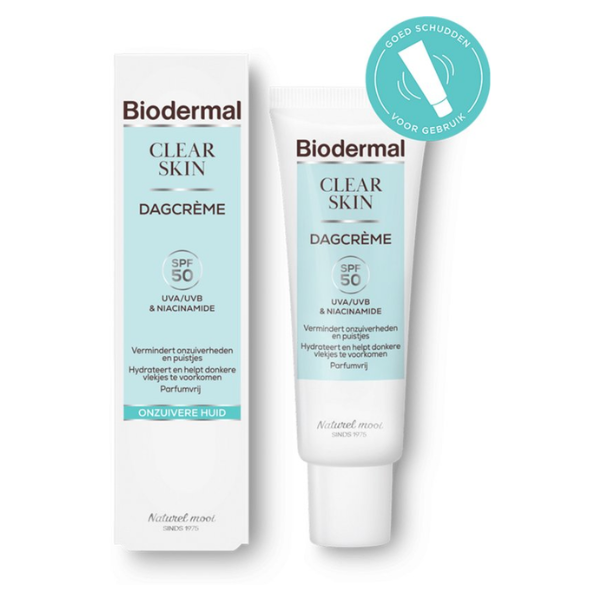Biodermal Clear Skin Dagcreme SPF 50, 30 ml - met UVA/UVB en Niacinamide, Vermindert onzuiverheden en puistjes, Hydrateert en helpt donkere vlekjes te voorkomen, Parfumvrij, voor Onzuivere huid